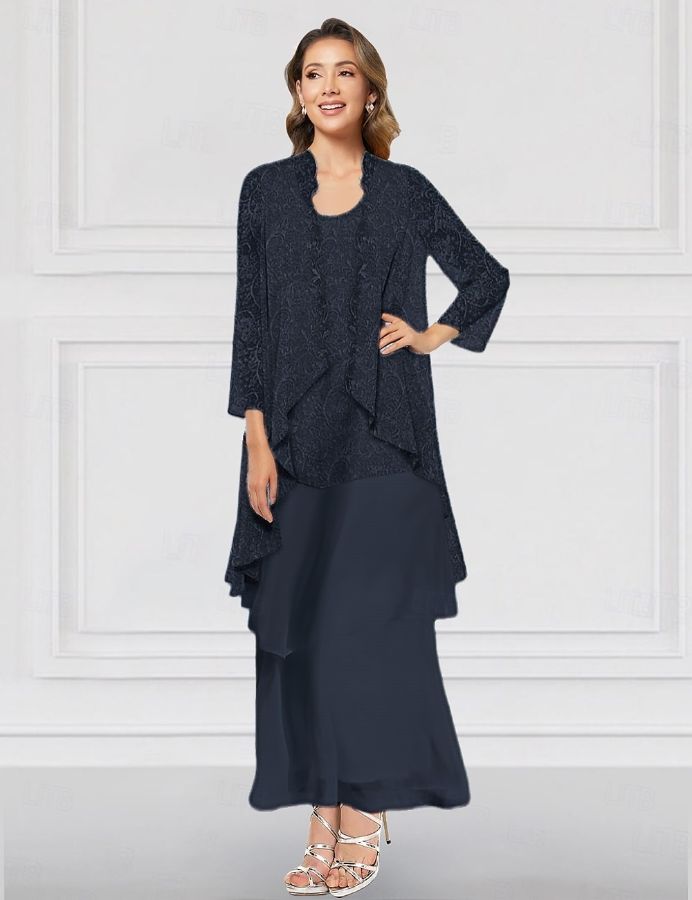 Ensemble de robes A-Linie deux pièces vert bleu rose mère de la mariée élégante col ras du cou longueur cheville en chiffon à manches longues avec veste en dentelle volants niveau de 2025 ? $158.99 –P10