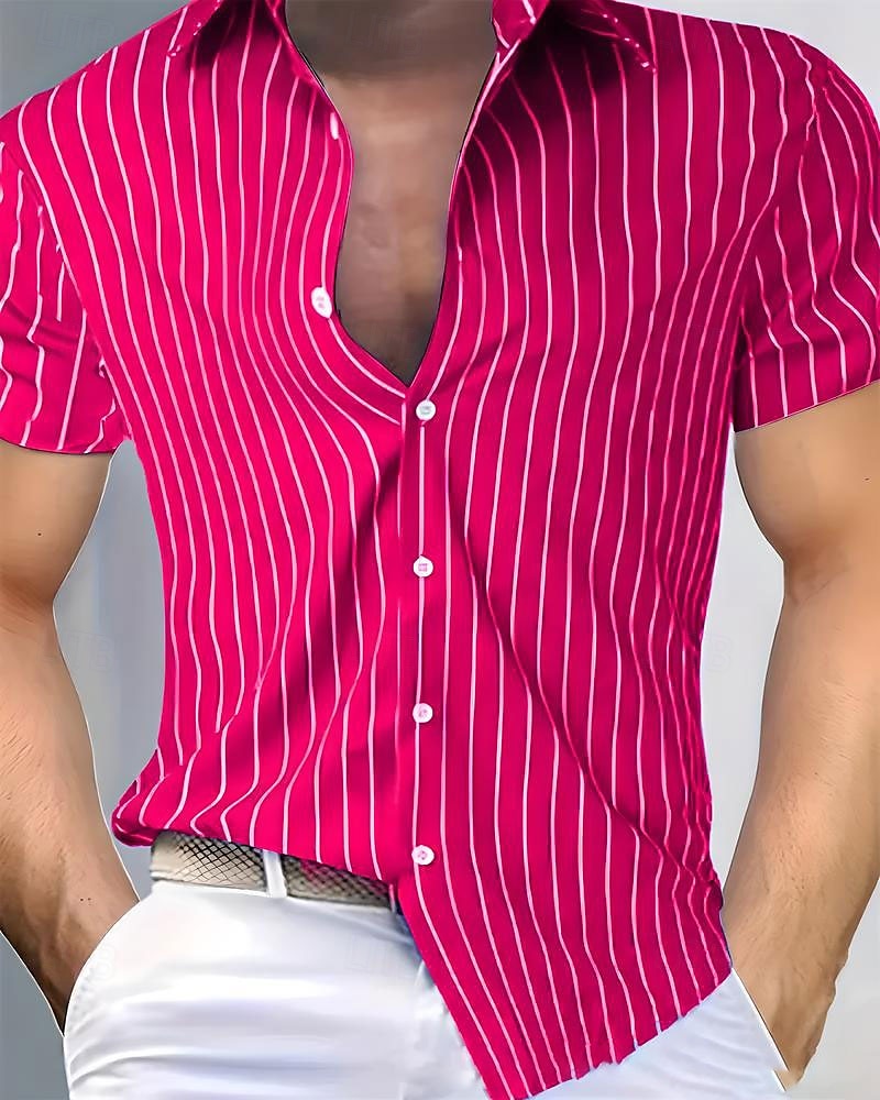 Per uomo Camicia Estiva Camicia casual Camicia da Spiaggia Camicia con Bottoni Giallo Verde chiaro Rosa Rosso Blu Manica Corta A righe Bavero Vacanza Camicia hawaiana Abbigliamento Poliestere Moda del 2025 a $26.99 –P4