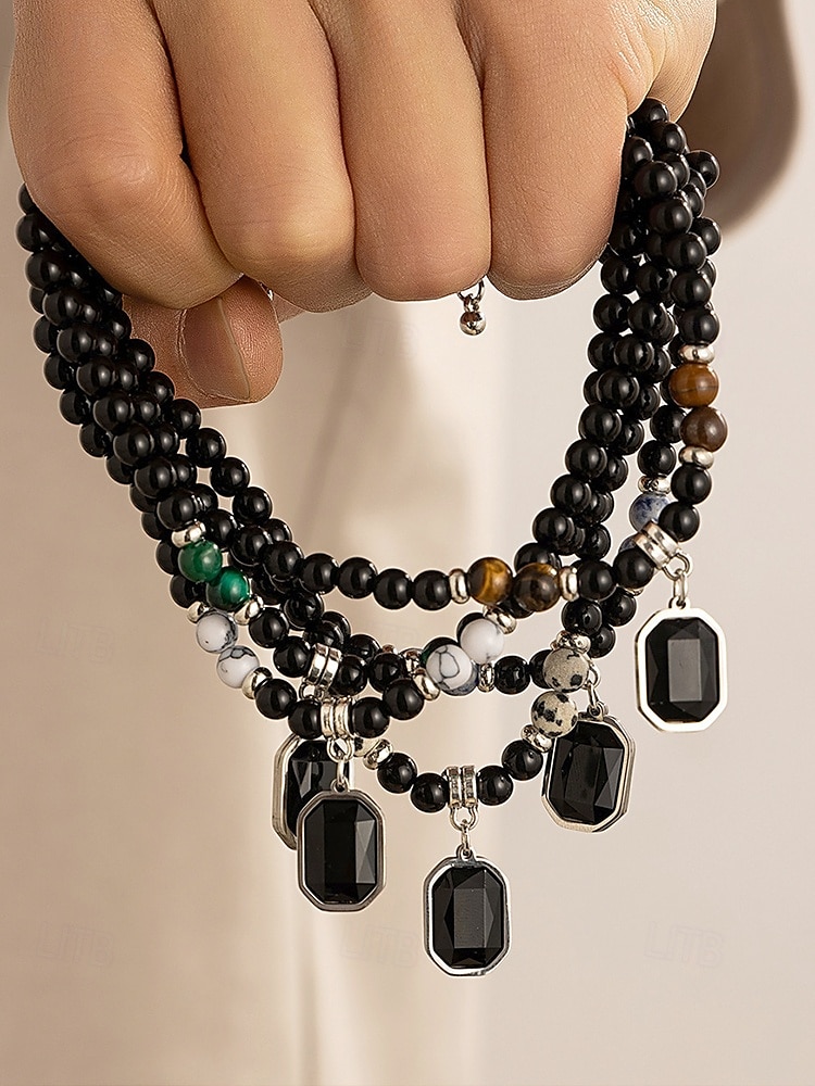 Men's Black Onyx Beaded Necklace with Tiger Eye Accents and Silver Pendant – Stylish Gift for Casual and Formal Occasions 2025 - $9.99 –P5