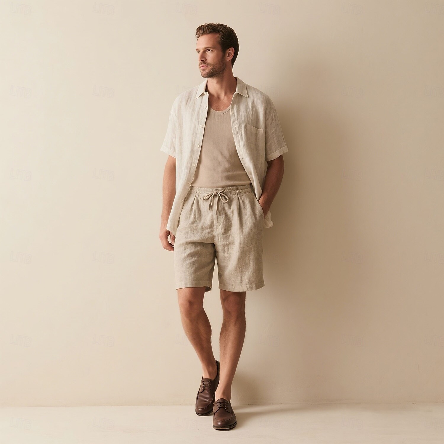 męskie szorty 100% lniane w jednolitym kolorze za kolano codzienne wakacje styl etniczny niebieski khaki 2025 - $41.99 –P6