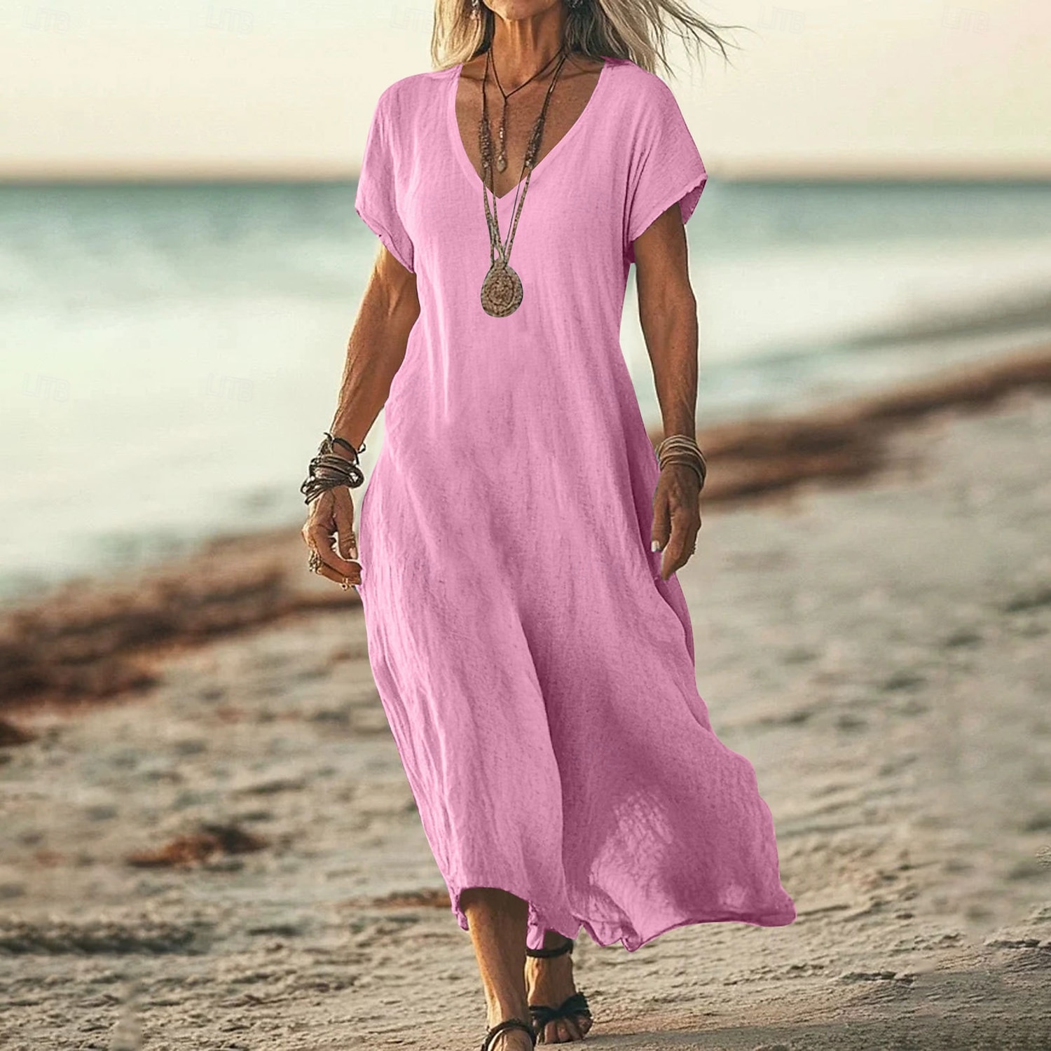 Robe midi féminine robe d'été décontractée quotidienne vacances plage ajustement régulier lin-like unie à manches courtes col en V blanc rose bleu vert été de 2025 ? $26.99 –P1