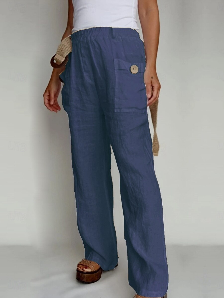 Pantaloni ampi in cotone e lino A tinta unita Chinos Pantaloni baggy Basic Casual Lunghezza intera Vita alta Semplice Pockets Fascia elastica Comfort All'aperto Micro-elastico Vacanze Strada del 2025 a $19.99 –P4