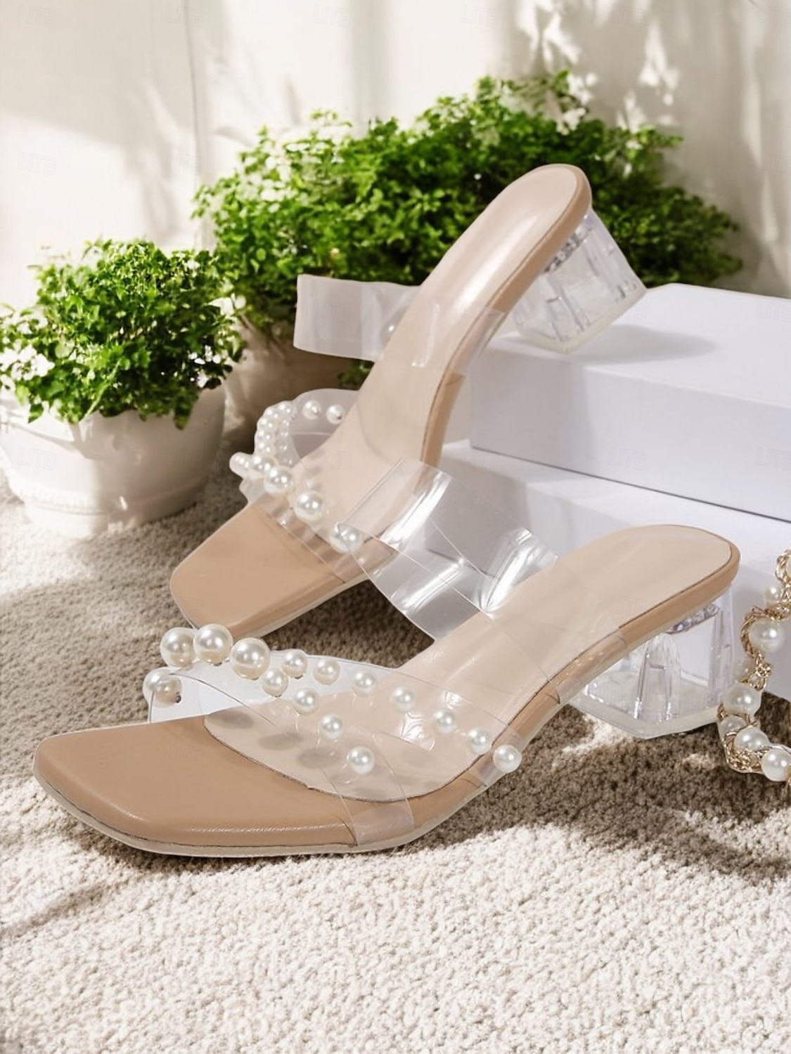 Damen-Pumps aus transparentem PVC mit Perlenakzenten und Blockabsatz, perfekt für Hochzeiten und formelle Anlässe 2025 - $24.99 –P2
