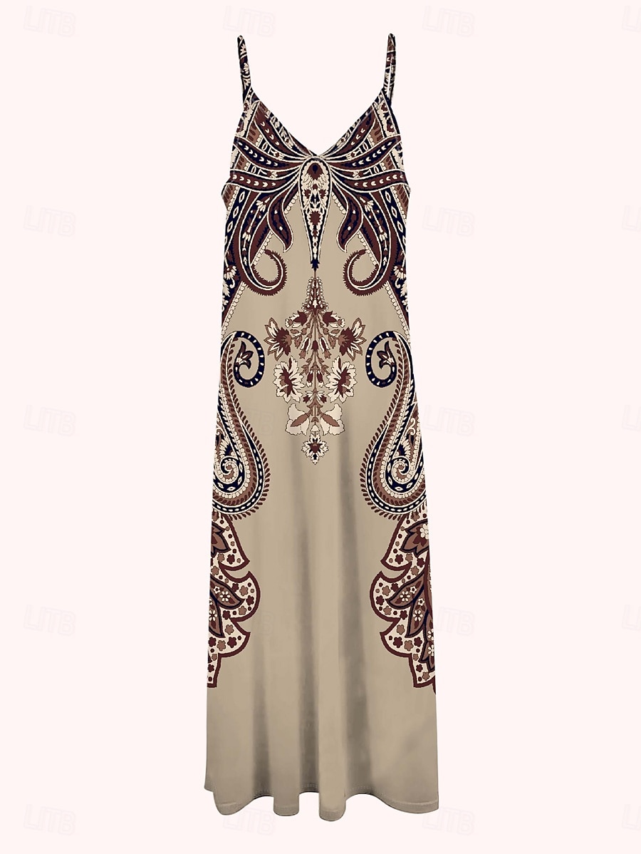 Per donna Abito maxi Vestito Estivo Abito a trapezio Abito Sottoveste Vacanza Casual Boho Uscire Spiaggia Vestibilità comoda Grafico Paisley Tribale Senza Maniche Scollo a V Spalline sottili Cachi del 2025 a $34.99 –P3