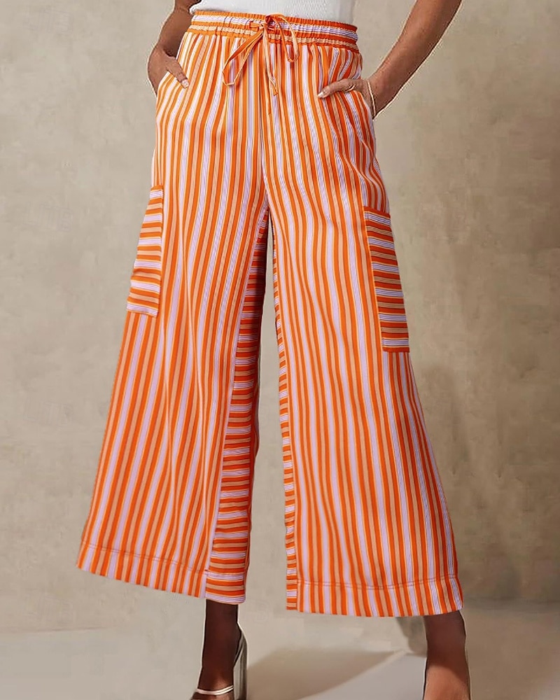 Femmes Slacks Pantalons Streetwear Occasionnel Longueur complète Naturel Rayé Avec Poches Conception à cordon élastique Confortable Extérieur Rue Sortir Rouge orangé Bleu ciel clair Marine fonc de 2025 ? $19.99 –P5