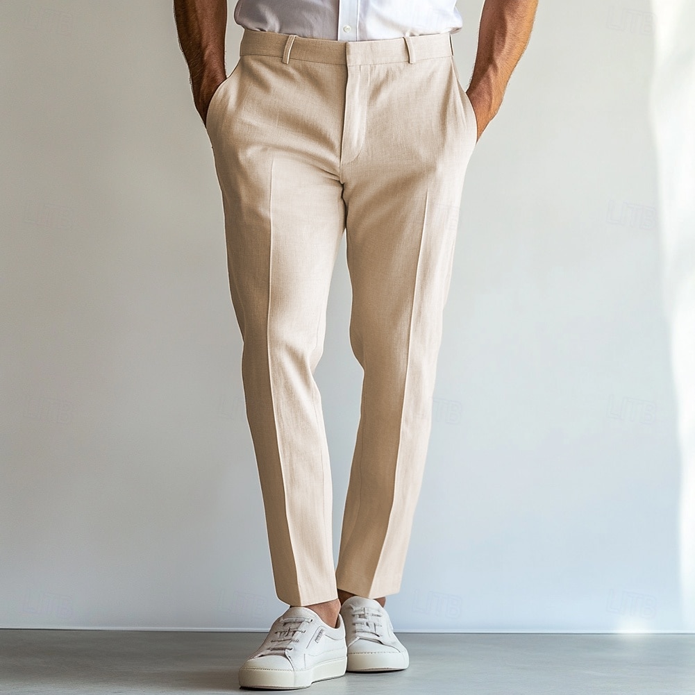 Herren Leinenhose Anzughose Sommer gerades Bein einfarbig atmungsaktiv lässig Urlaubsmode himmelblau hellgrau beige 2025 - $39.99 –P3