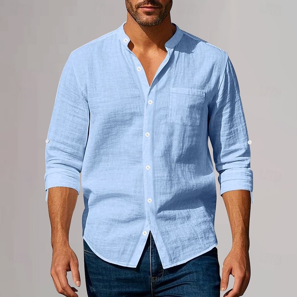 Herren Baumwoll-Leinen-Hemd Tiefer Ausschnitt Einfach Urlaub Strand Schwarz Weiß Khaki Dunkelgray Langarm Großvaterkragen Sommer Frühling Bekleidung Tasche 2025 - $25.99 –P11