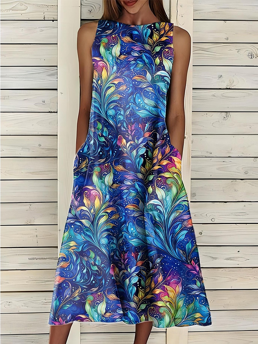 Damen Midikleid Sommerkleid A Linie Kleid Elegant Urlaub Lässig Normale Passform Blumen Grafik Ärmellos Rundhalsausschnitt Hellrosa Weiß Rosa Blau Sommer 2025 - $38.99 –P2