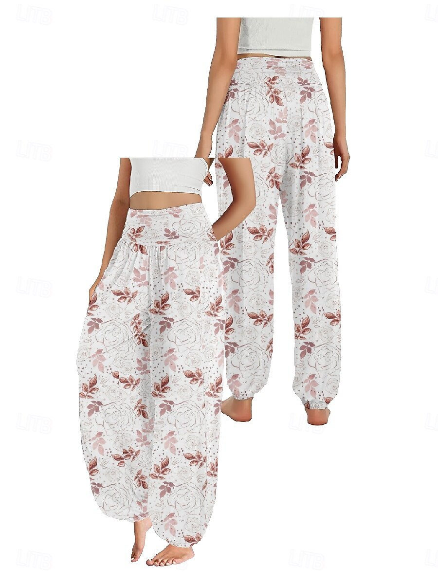 Dam Linneinspirerade byxor Brett skaft Byxor Etnisk Stil Ledigt Boho Fullängd Hög midja Blommig Ficka Elastisk midja Tryck Mateial som andas Mjuk Microelastisk Utomhus Yoga Vit Gul Rosa Purpur Sommar 2025 - $21.99 –P18