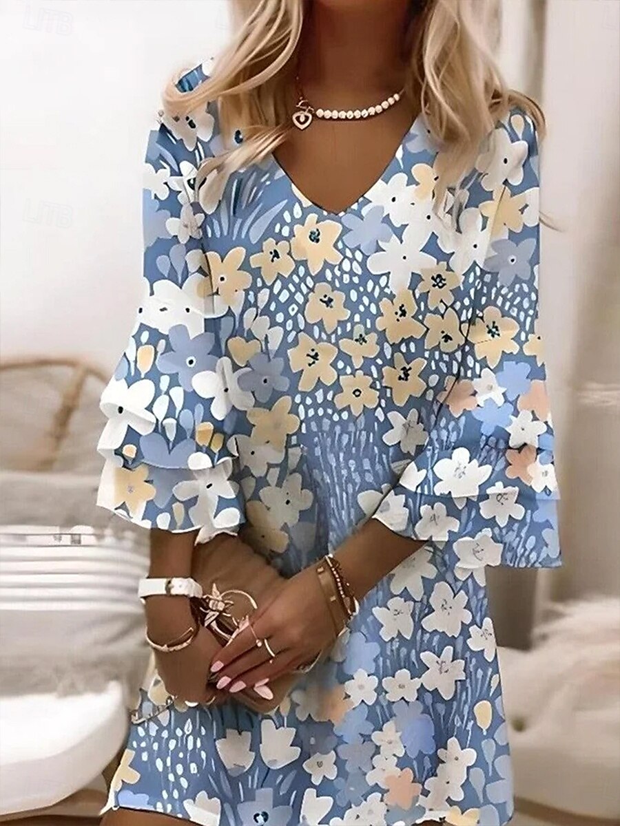Per donna Mini Abito Vestito Estivo Abito a trapezio Vacanza Casual Boho Spiaggia Vestibilità regolare Ombre Floreale Grafico Manica 3/4 Scollo a V Colourful Rosa Azzurro cielo Blu inchiostro Estate del 2025 a $46.99 –P4