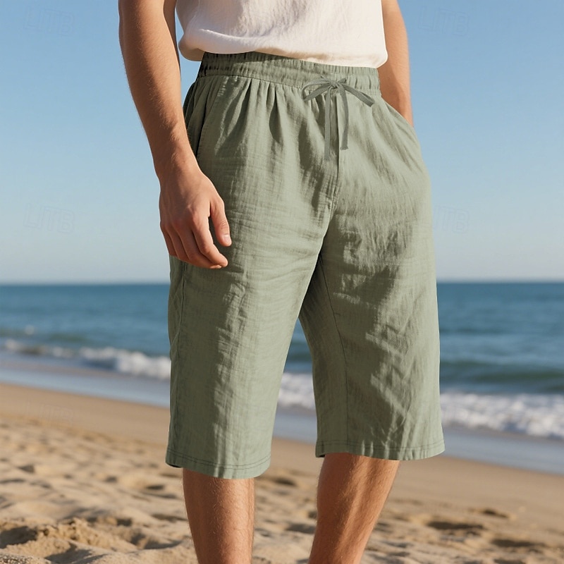 Herr Capribyxor Linne Shorts Sommarshorts Beach Shorts Snörning Elastisk midja Slät Komfort Andningsfunktion Vadlängd Utomhus Dagligen Strand Semester Mode Svart Vit 2025 - $17.99 –P6