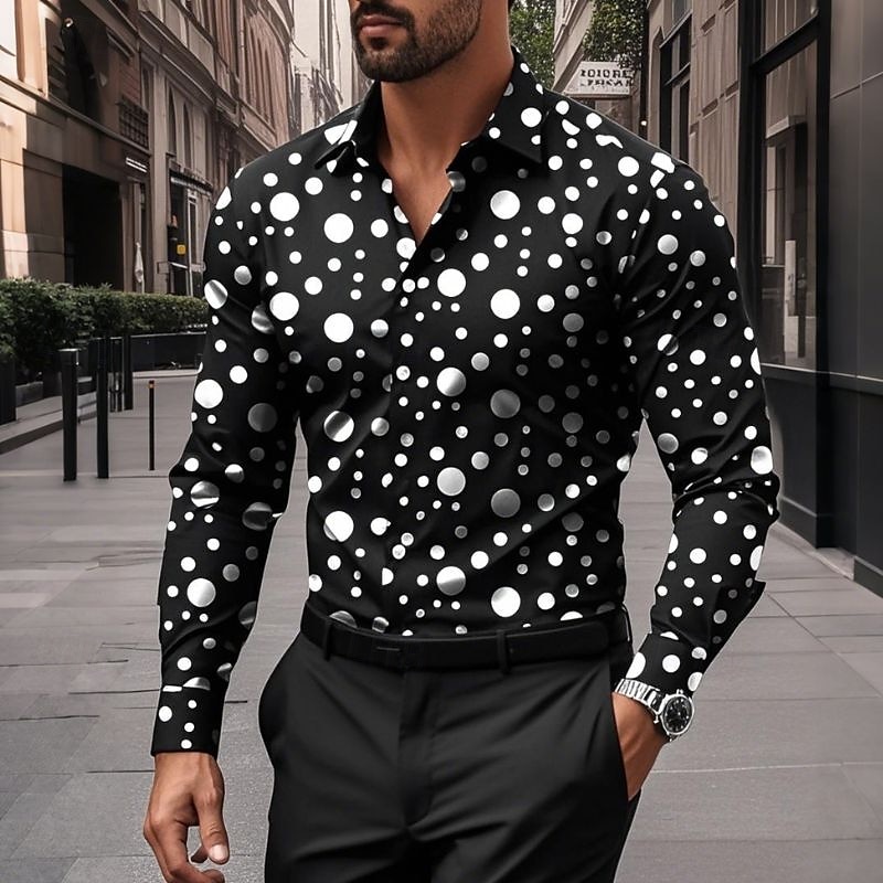 Herren Sommerhemd Freizeithemd Strandhemd Knopfhemd Schwarz Weiß Langarm Tupfen Revers Urlaub Hawaiianisch Button-Down Bekleidung Polyester Mode Lässig Bequem 2025 - $26.99 –P1