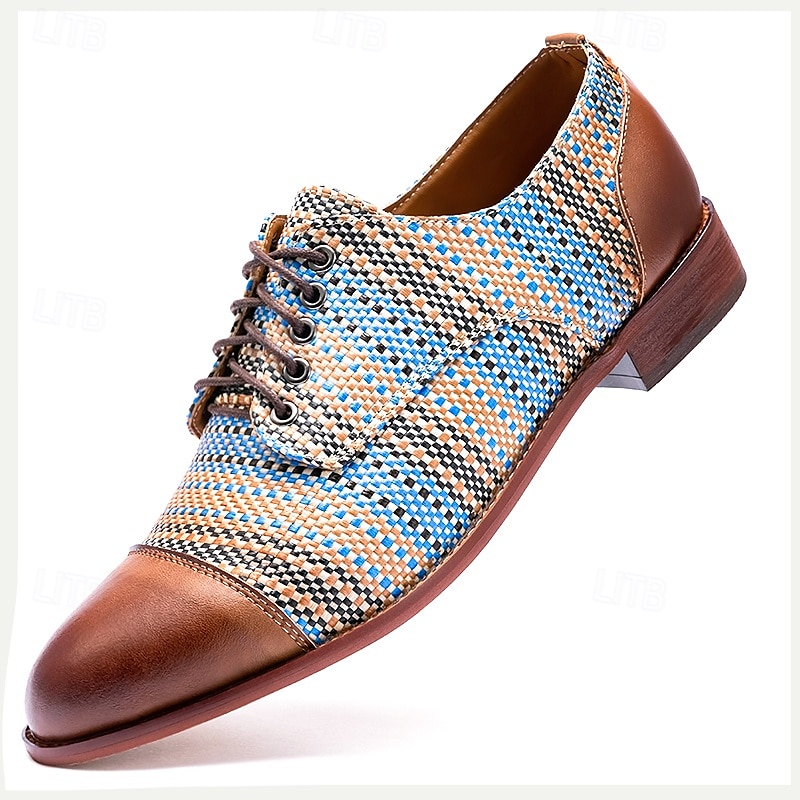 Men's Blue and Tan Woven Oxford Shoes – Retro Lace-Up Casual Shoes for Creative Professionals and Everyday Style 2025 - $46.99 –P1