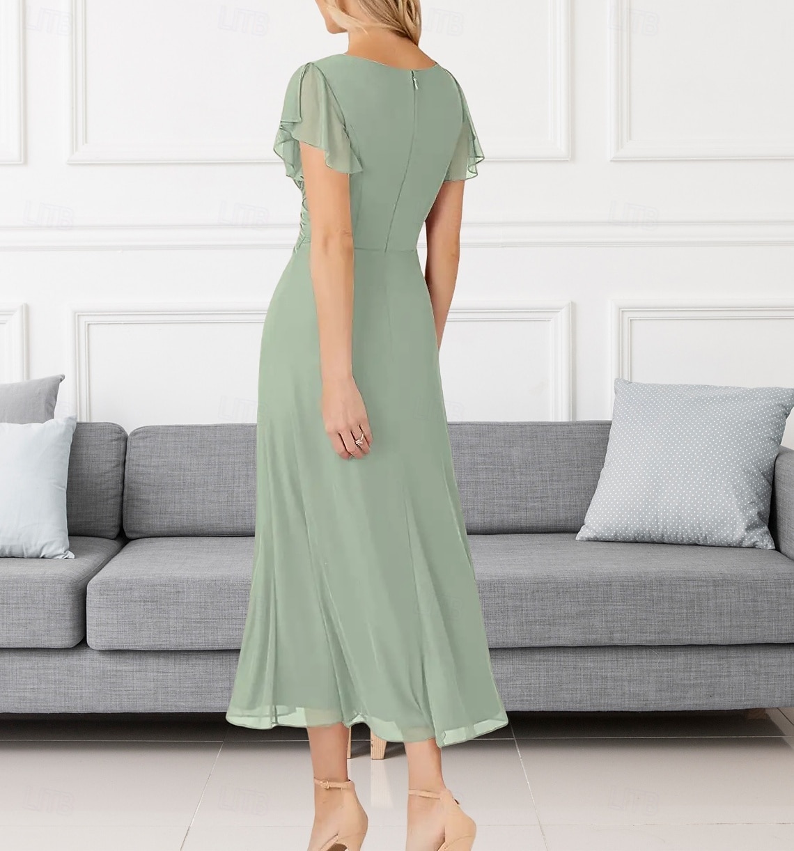 A-Line Wedding Guest Dresses Elegant Dress Wedding Guest Engagement Tea Length Short Sleeve V Neck Chiffon with Pleats Ruched 2025 - $158.99 –P4