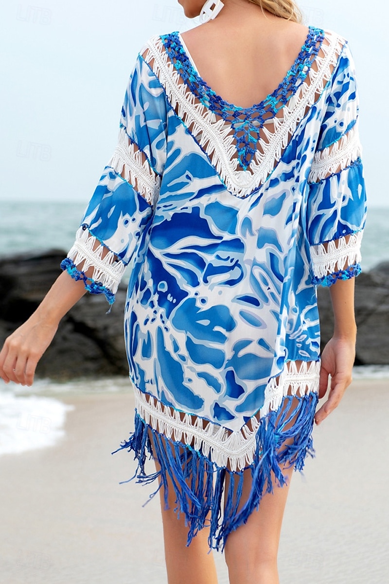 Femmes Maillots de Bain Vêtement couvrant Maillot de bain Ourlet à franges Tropical Tenues de plage Fleur Fil en V manche longue Maillots de bain de 2025 ? $24.99 –P5