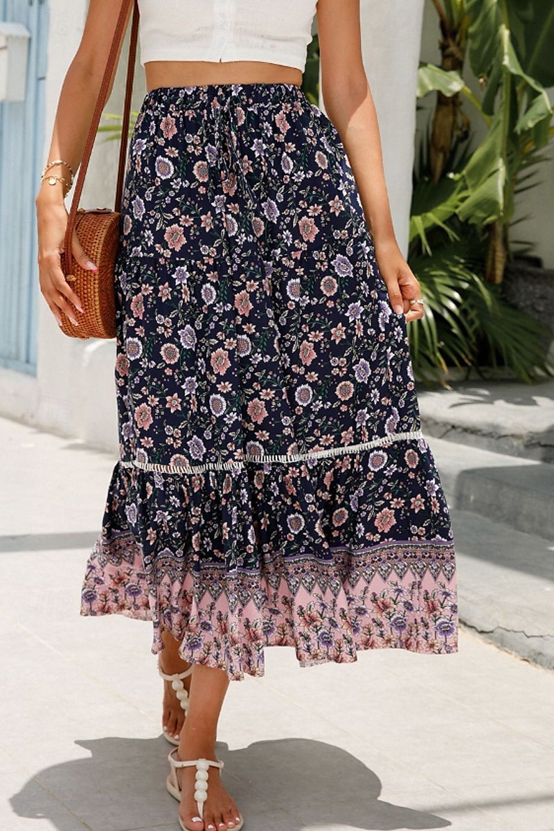 Pentru femei Fustă Boemia Casual Boho Maxi Talie Medie Fuste Floral Imprimeu Micro-elastic Vacanță Stradă Migdală Roșu-aprins Albastru piscină Portocaliu Vară Celofibră 2025 - $21.99 –P5