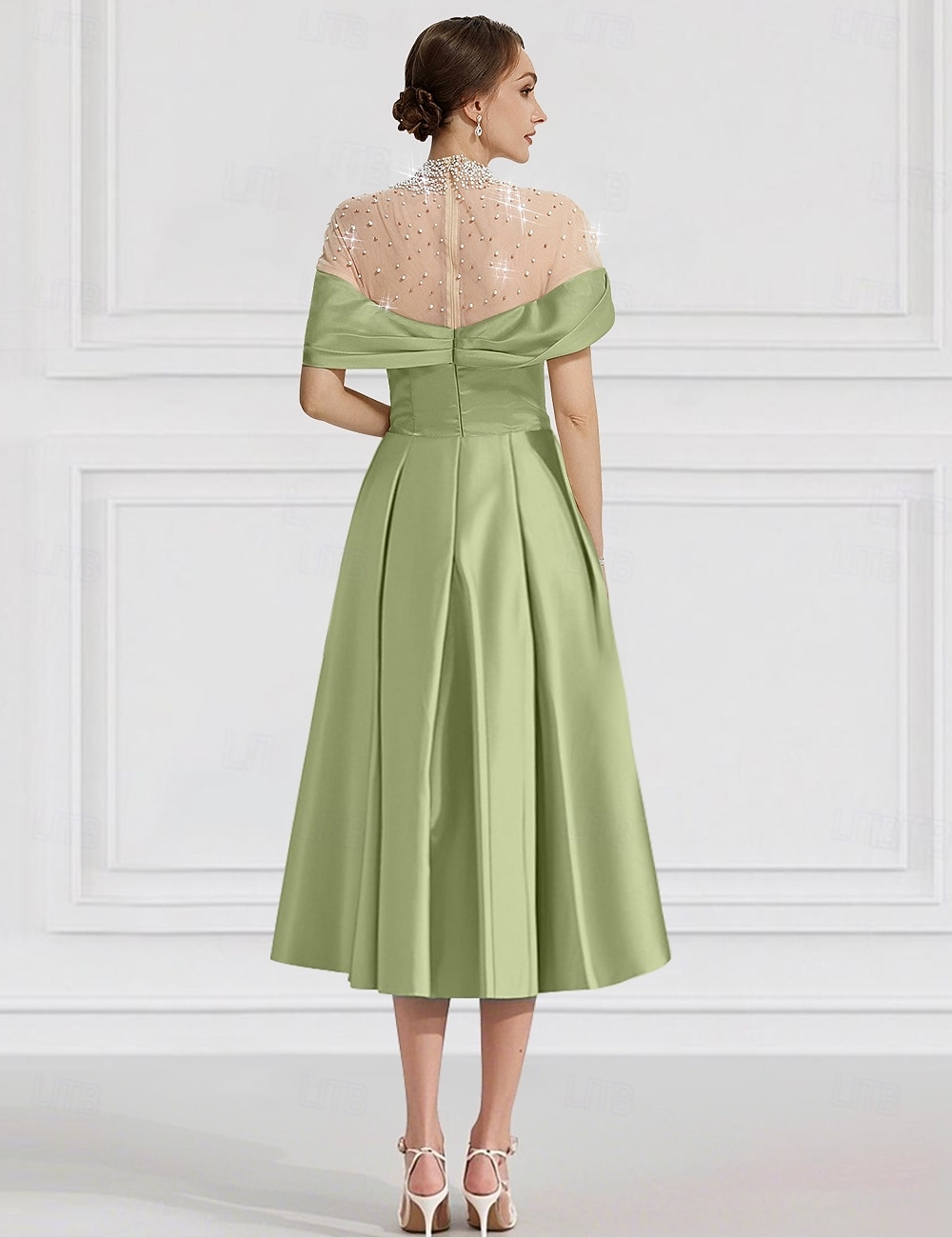 A-Line Cocktail Elegant Dress Formal Wedding Ankle Length Half Sleeve  Illusion Neck Pocket Satin with Glitter Pearls 2026 - AU $284.79