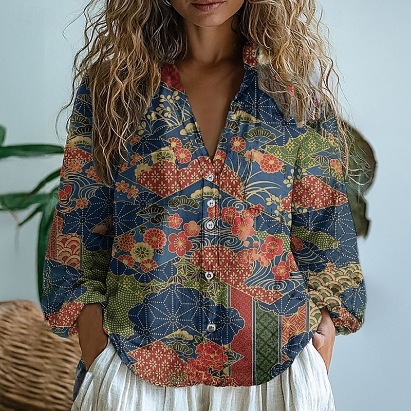 Femmes Chemise Chemise en coton et lin Chemisier Fleur Élégant Moderne manche longue Col en V Hauts Réguliers Quotidien Fête Sortir Imprimé Jaune Vin Rouge bleu marine Bleu Été de 2025 ? $24.99 –P5