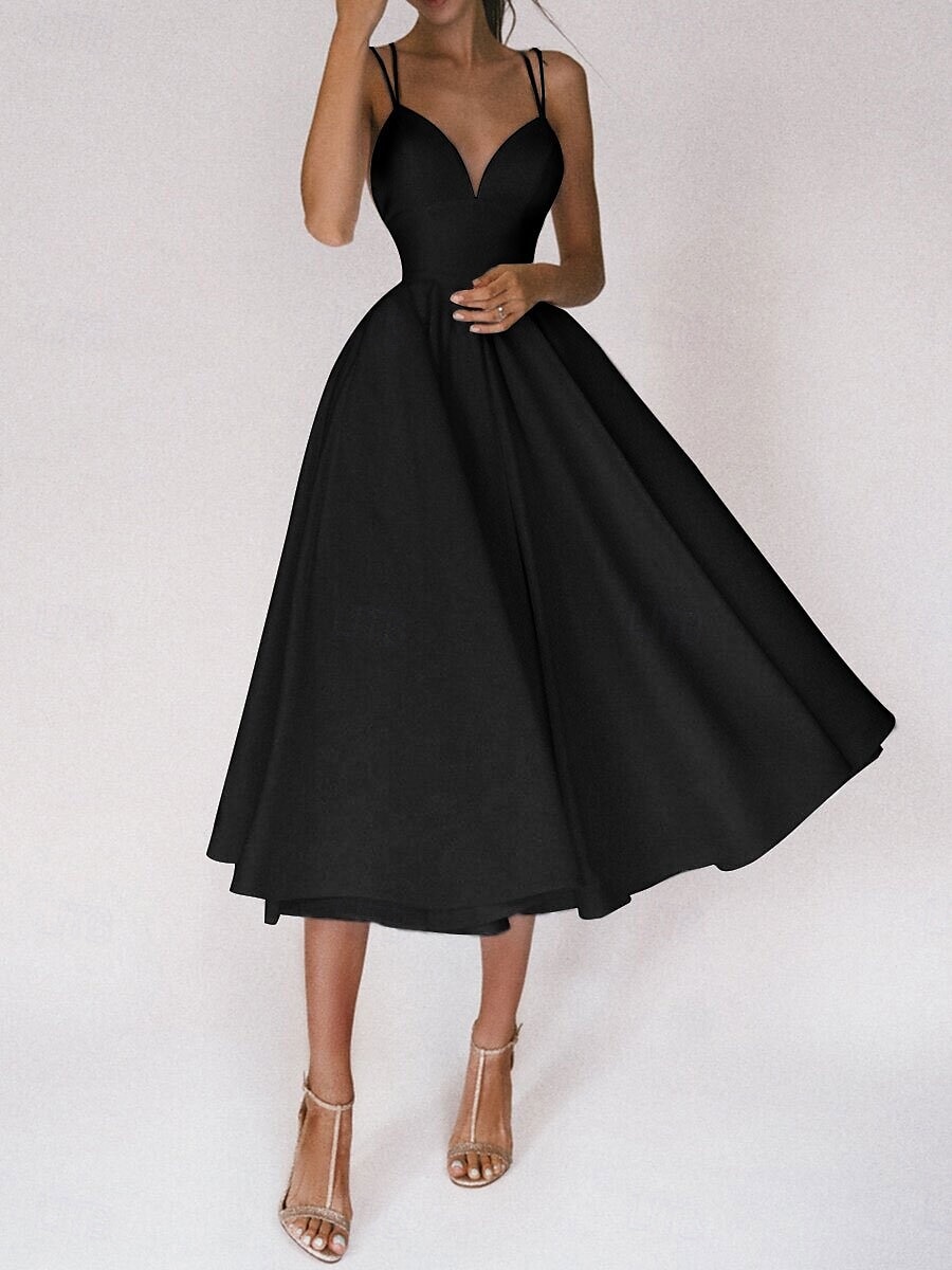 Hochzeitskleider A-Linie V Ausschnitt Ärmellos Tee-Länge Satin Brautkleider Mit Einfarbig 2025 2025 - $79.99 –P5