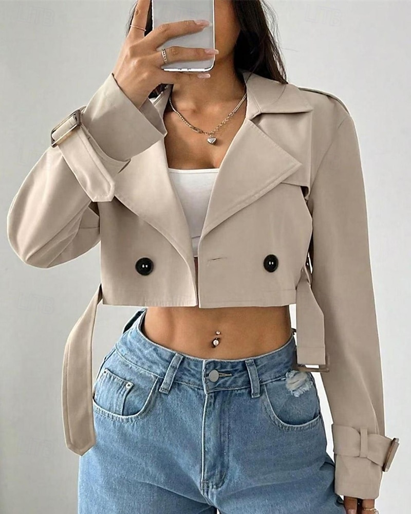 Dame Frakk Trenchcoat Bekvem Knapper Elegant Mote Utendørs Helfarge Ut på byen Fritid / hverdag Helg Enkeltkneppet Kort Knaphul Normal Langermet Yttertøy Aprikos Vår Høst 2025 - $35.99 –P1
