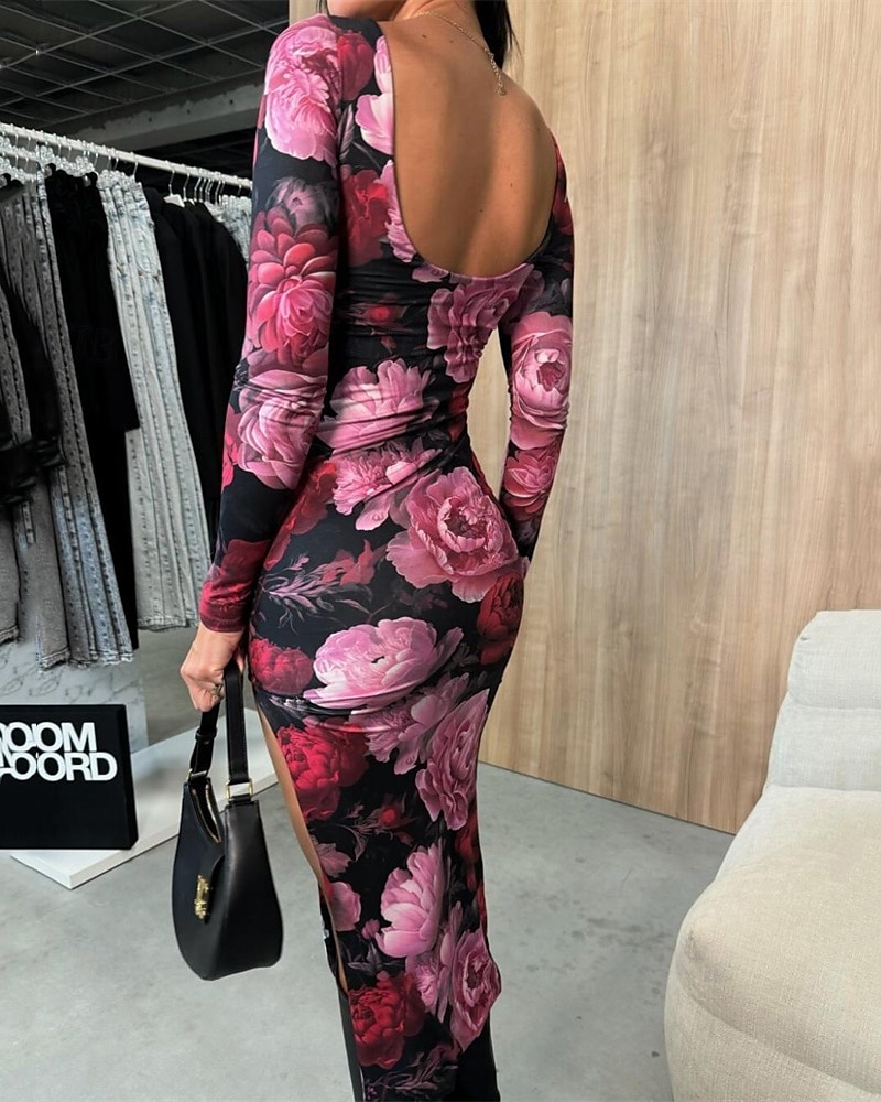 Damen Midikleid Blumenkleid Sommerkleid Mode Modern Täglich Date Wochenende Normale Passform Blume Langarm Rundhalsausschnitt Schwarz Weiß Rose Sommer 2025 - $25.99 –P7