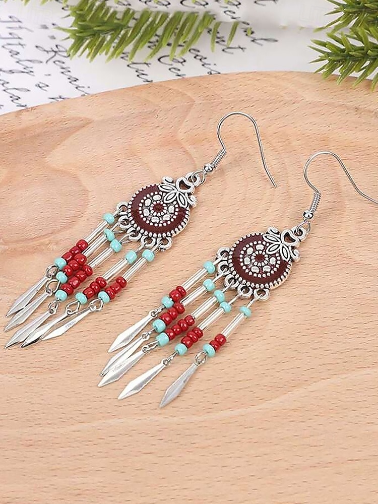 · Visací náušnice v bohémském stylu pro ženy - barevné červené a modré, tribal chic, ideální na léto, festivaly a ležérní outfity 2025 - $7.99 –P3