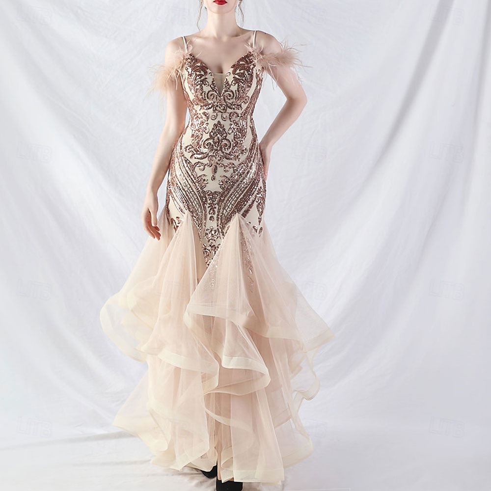 Abiti Quinceanera Mermaidi  Trumpet in Paillettes Elegante Abito Formale Semi Formale Matrimonio Lunghezza P_avimento Senza Maniche Scollo a V Tulle Volant con Piume del 2025 a $139.99 –P14
