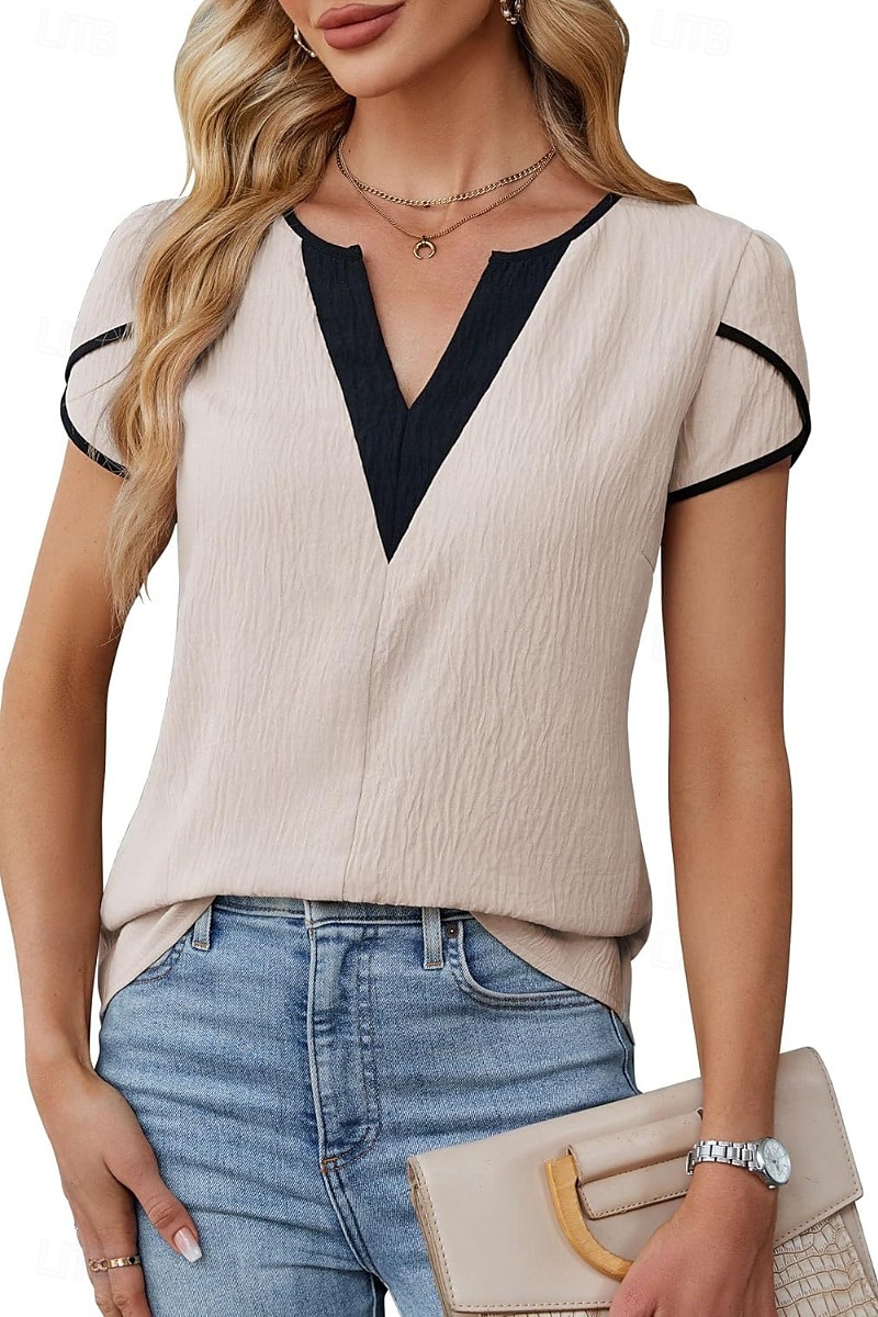 Femmes Chemisier Bloc de Couleur Moderne Occasionnel Manche Courte Col en V Hauts Réguliers Fête Sortir Patchwork Noir Blanche Vert Abricot Été de 2025 ? $21.99 –P11
