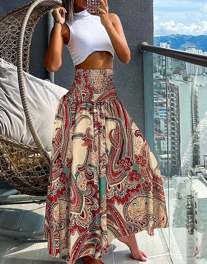 Dames Rok Maxi Rok Bohemia Mode Strandkleding Casual Midi Hoge Taille Rokken Bloemen Paisley Micro-elastisch Vakantie Straat Grijs Groen Zwart Geel Lichtgroen Zomer Polyester 2025 - $19.99 –P1