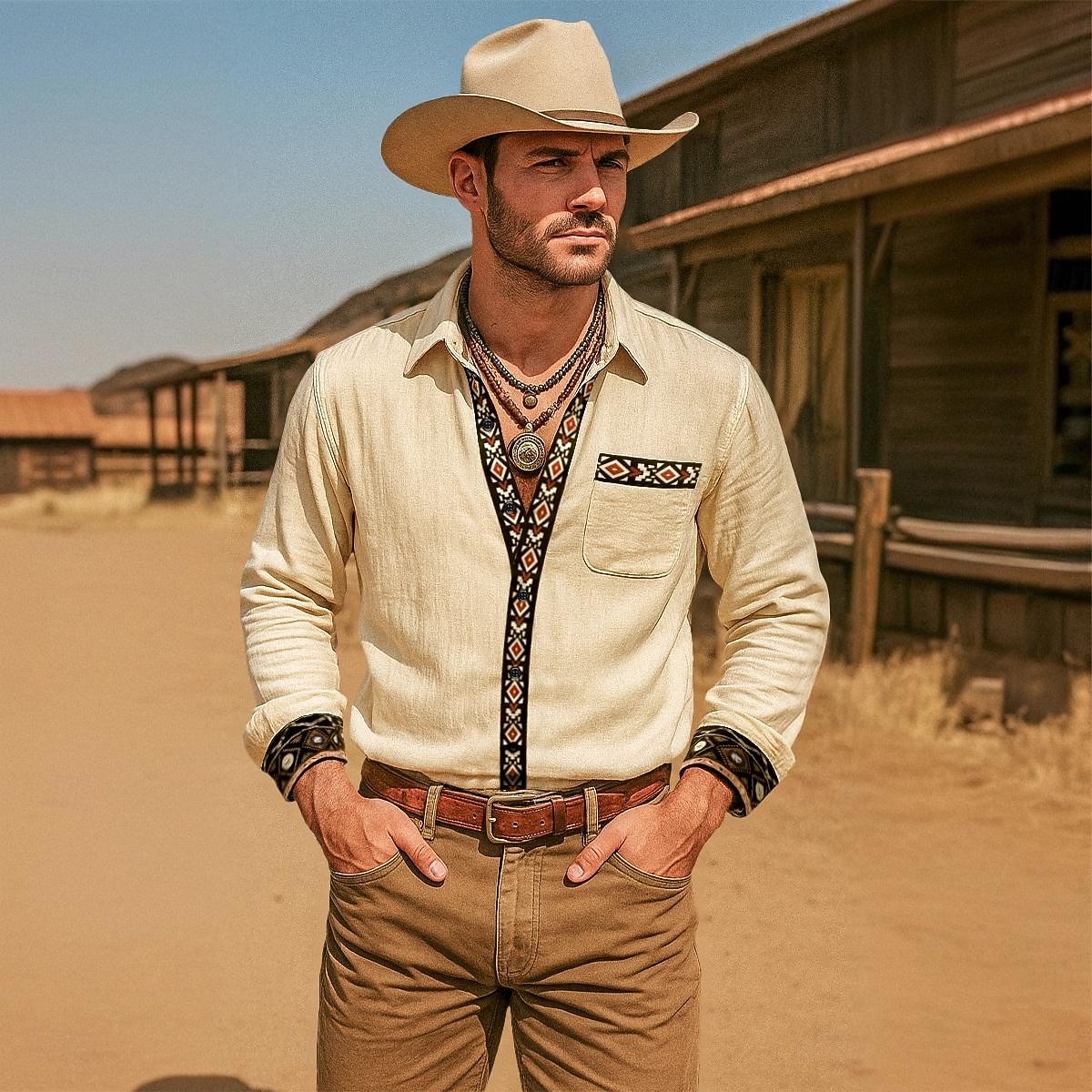 Hombre Camisa Camisa de verano Camisa de playa camisa occidental camisas retras camisa de la vendimia Color sólido Vacaciones Casual Caqui Manga Larga Todas las Temporadas Ropa Retazos 2026 - $26.99 –P5