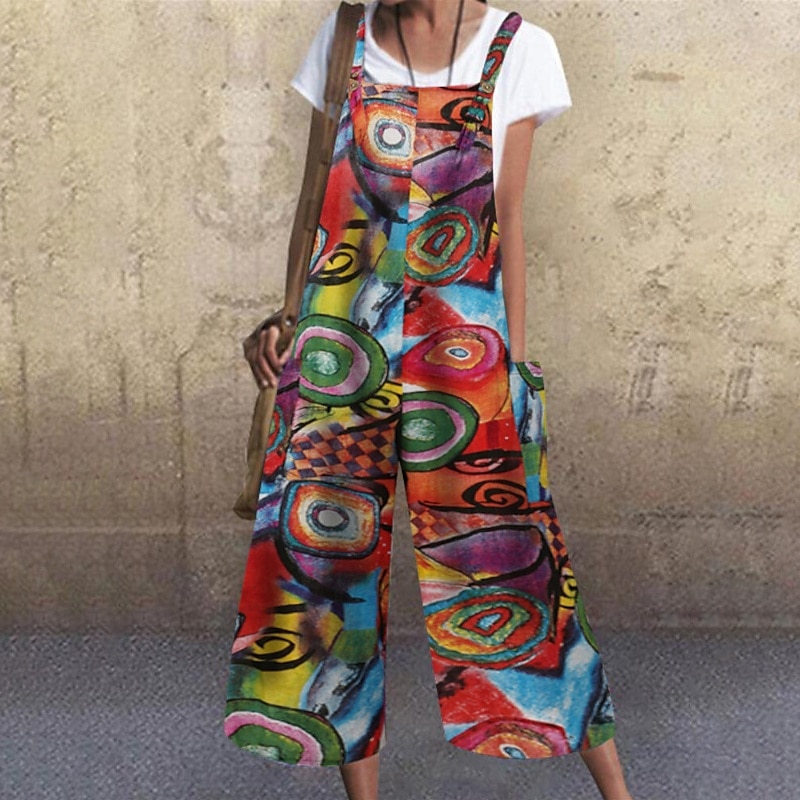 Dámské overaly inspirované lnem, laclové kalhoty, streetwear, květinový střih, bez rukávů, výstřih do U, kapsy, potisk, street, denní, regular střih, žlutá, světle zelená, červená, léto 2025 - $27.99 –P6