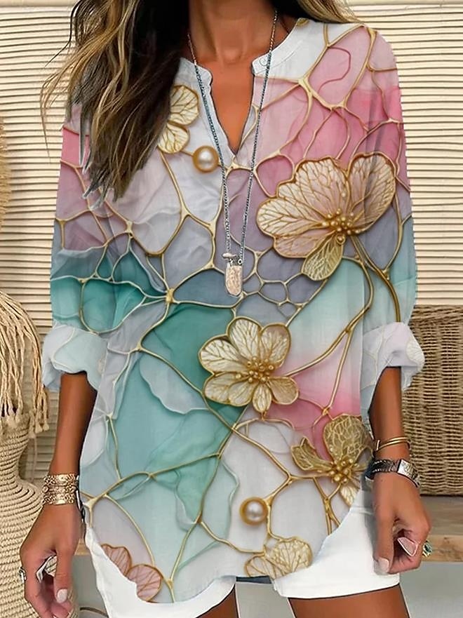 Damen Bluse Sommer Oberteile Blumendruck Vintage Tropen Hawaii Langarm V-Ausschnitt Reguläre Oberteile Täglich Feiertag Strandmode Druck Marineblau Blau Lila Grün Beige Sommer Frühling 2025 - $24.99 –P3