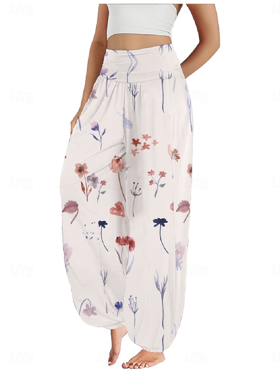 Dame Lin-inspirerte bukser Bred Bukseben Bukser Etnisk stil Fritid Bohem Full lengde Høy Midje Blomstret Blad Tropisk Lomme Elastisk midje Printer Pusteevne Myk Mikroelastisk utendørs Yoga- og 2025 - $21.99 –P3