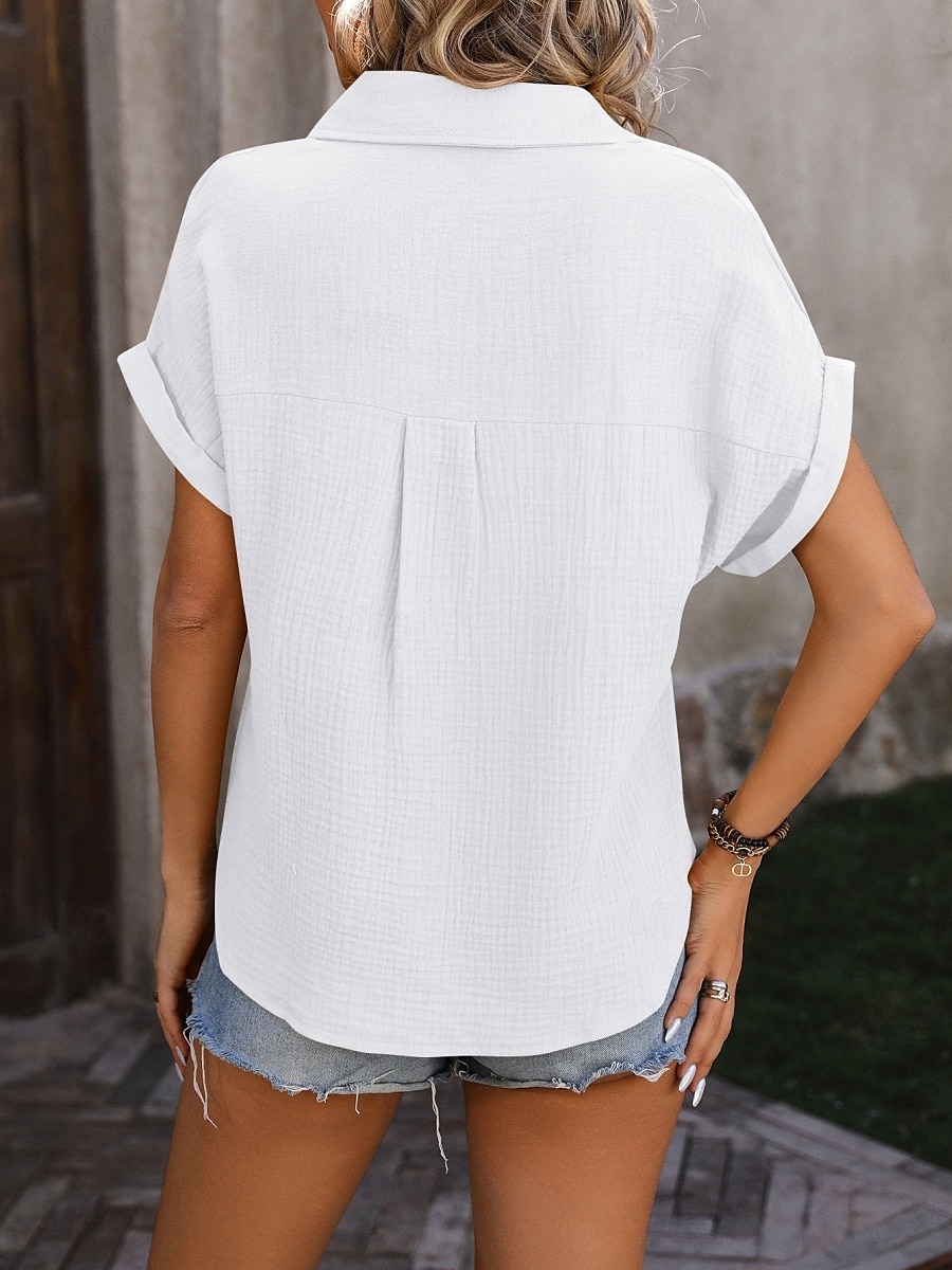 Camicia da donna a bottone giù blusa a tinta unita elegante casual da spiaggia con maniche corte colletto top regolari quotidiani bottoni tasca nera bianca gialla blu estate primavera del 2025 a $28.99 –P17
