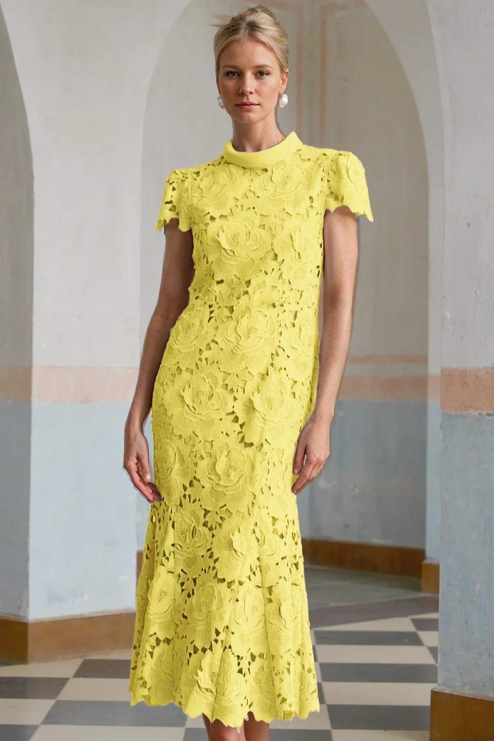 Robe Cocktail Colonne Jaune Bleue Élégante Robe Brodée Mariage Formelle Longueur Cheville Manches Courtes Col Montant Dentelle avec Fente de 2025 ? $151.99 –P4