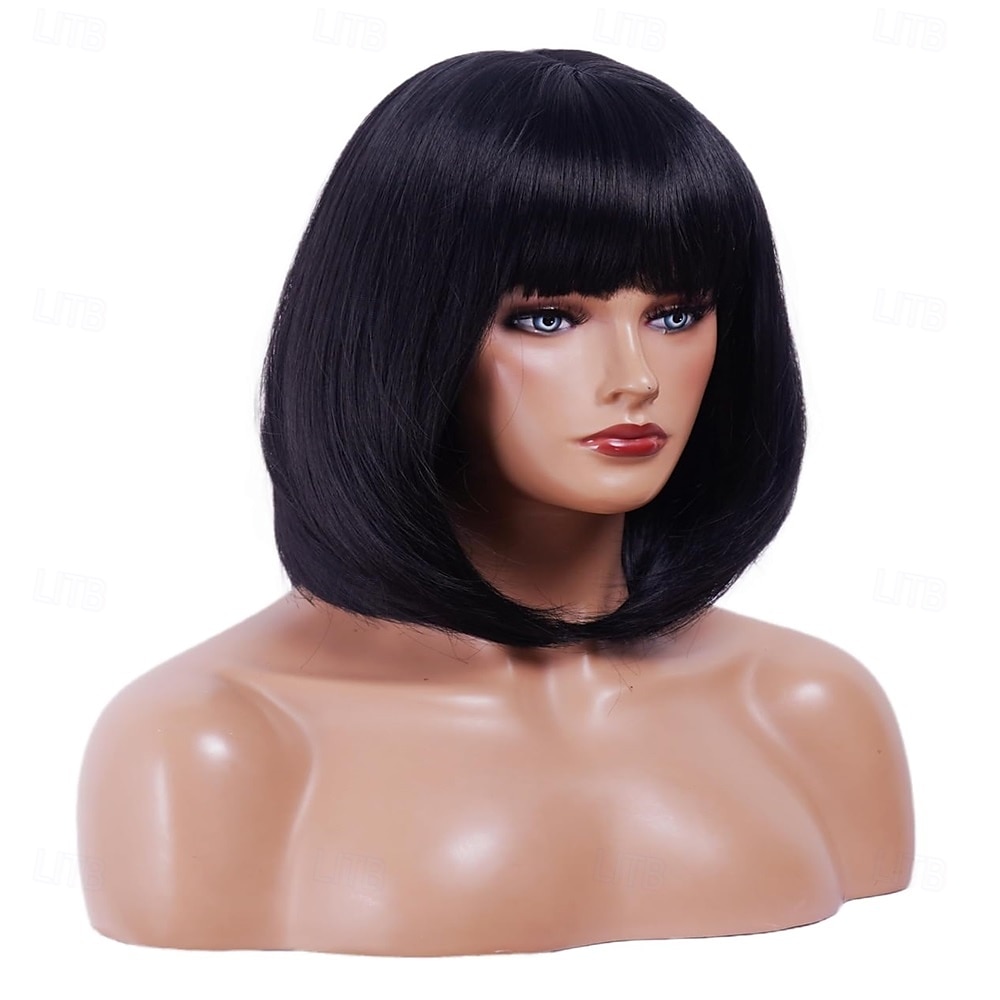Parrucca rugelyss nera corta e liscia con frangia, 12 pollici, parrucche sintetiche per donne e ragazze con cuffia per parrucca del 2025 a $25.99 –P4
