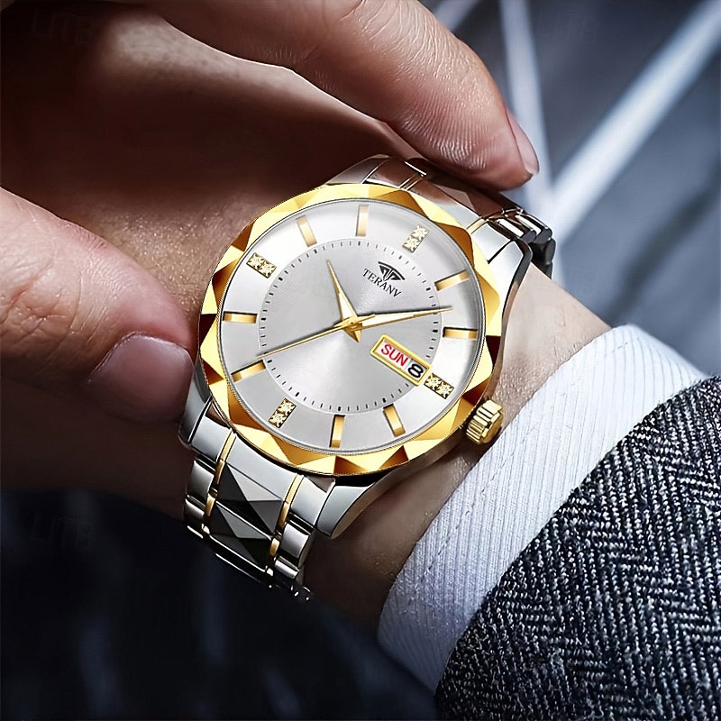 teranv-merkkinen muodikas miesten kvartsikello, jossa rombikuvioinen IPX7-vedenpitävä kaksoiskalenteri, valoisa teräsnauhakello, yrityskäyttöön 2025 - $12.99 –P10