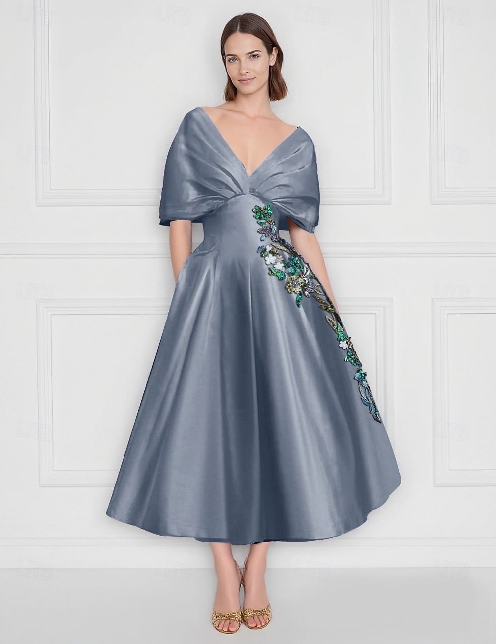 Robe cocktail A-Line bleue robe élégante formelle de mariage longueur cheville à manches courtes épaules dénudées en satin avec impression florale brodée poche de 2025 ? $148.99 –P1