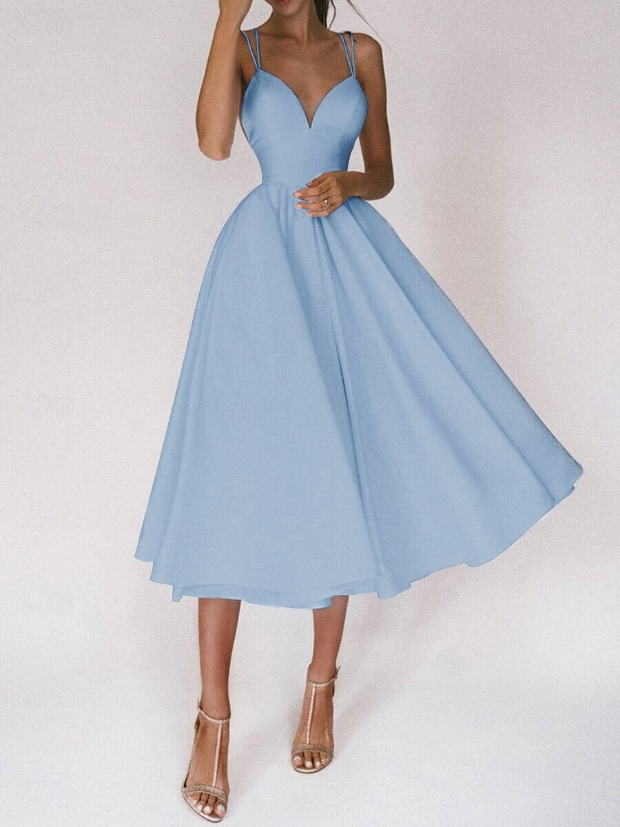 Hochzeitskleider A-Linie V Ausschnitt Ärmellos Tee-Länge Satin Brautkleider Mit Einfarbig 2025 2025 - $79.99 –P12