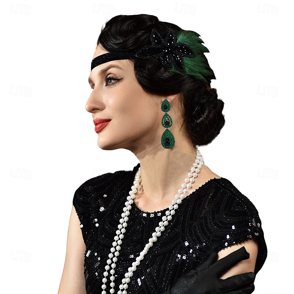 1920-as évek A nagy Gatsby Flapper fejpánt Gyöngyös karkötő Fülbevaló A nagy Gatsby Toll Retro Csillogó glitter Kristály / Strassz Női Farsang Valentin nap Álarcos mulatság Party estélyi viselet 2025 - $23.99 –P2