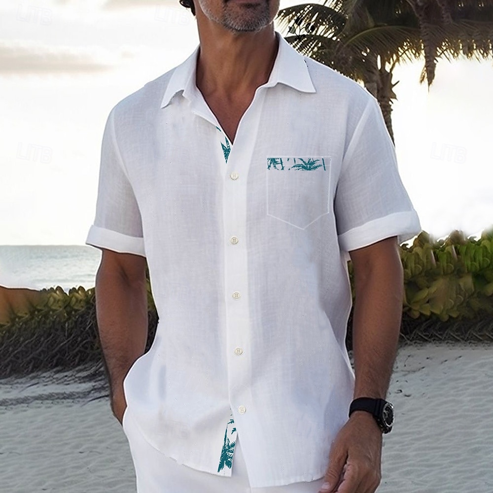 Men's Coconut Tree Linen Shirt Summer Shirt Button Up Shirt Short Sleeve Fashion Casual Vacation Holiday Beach Wear Summer Spring Turndown Collared Shirts Front One Pocket White Green 2026 - $28.99 –P5
