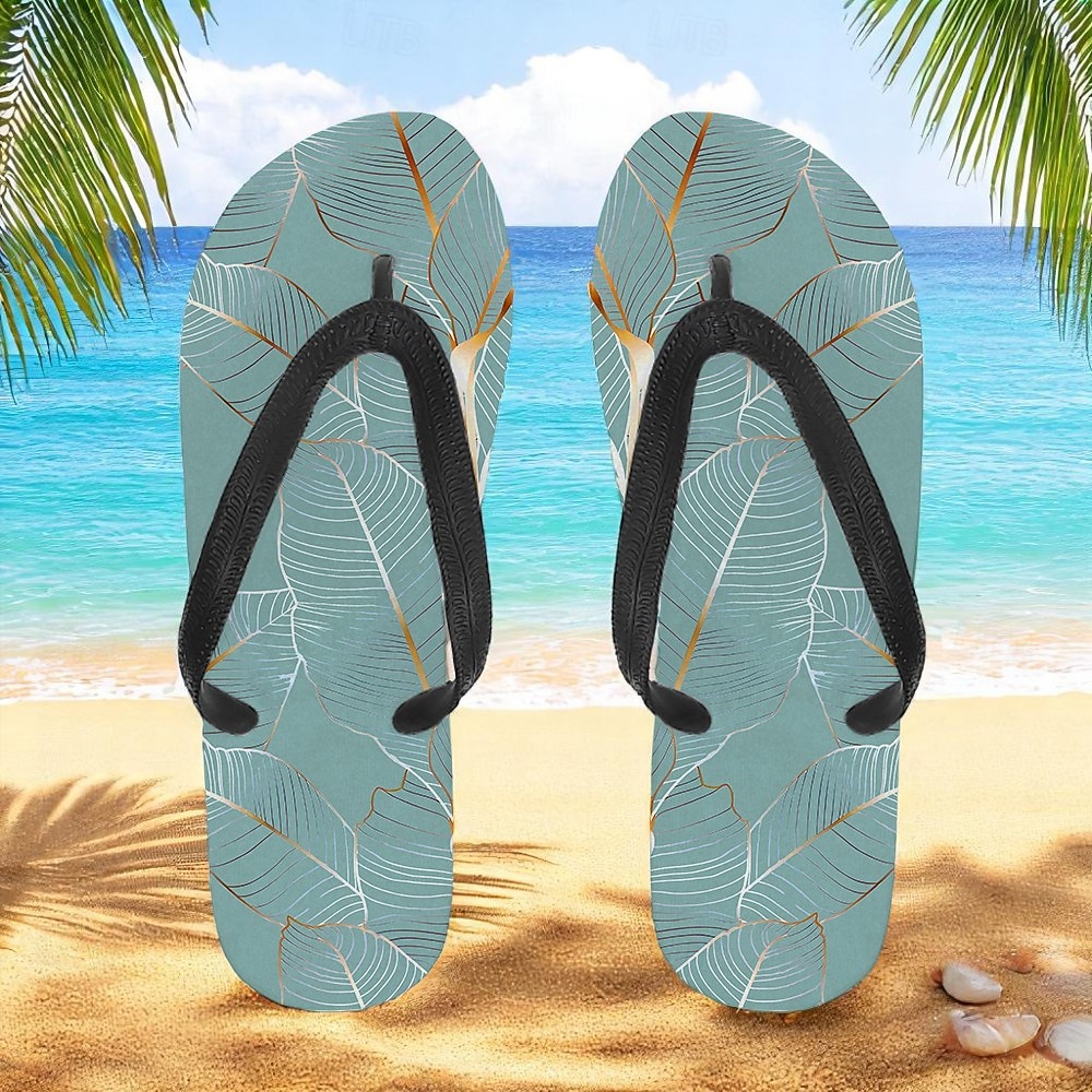 Men’s Blue Leaf Printed Flip Flops – Tropical & Stylish Style for Beach Vacations, Island Hopping & Beachside Dinners 2025 - $19.99 –P2