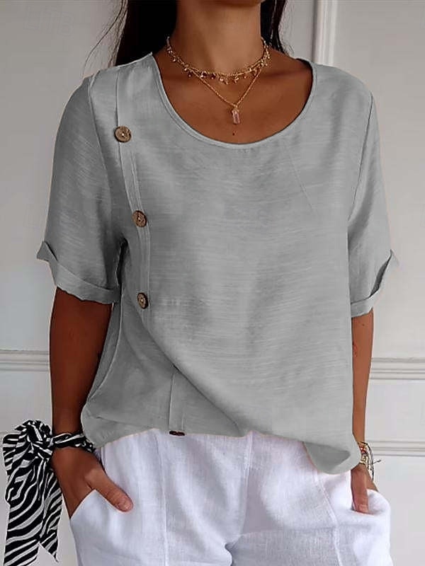 Femmes Chemises en coton et lin Uni Basique Manche Courte Col ras du cou Hauts Réguliers Quotidien Boutons Noir Blanche Vert Véronèse bleu marine Bleu Ciel Été de 2025 ? $16.99 –P3