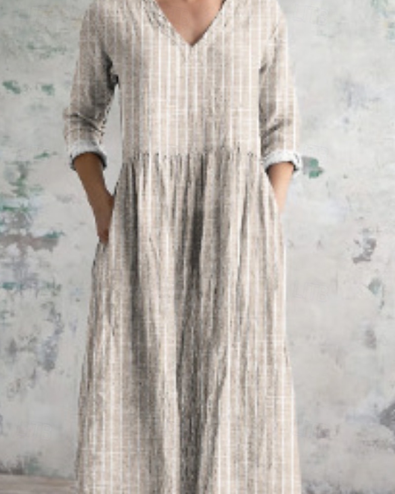 Per donna Abito Midi Abito in cotone e lino Abito Boho Classico All'aperto Vacanza Ferie Vestibilità regolare A righe Manica Lunga Scollo a V Nero Albicocca Estate del 2025 a $32.99 –P2
