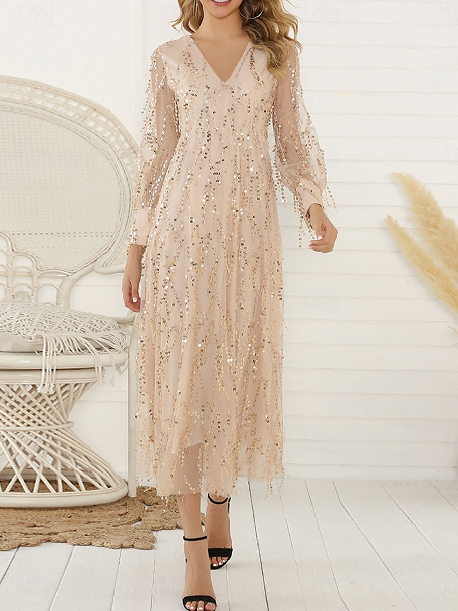 A-vonal quinceanera ruhák elegáns ruha hivatalos esküvő tea hosszúságú hosszú ujjú V-nyakú pamut keverék hát nélküli csillámos flitteresen és bojtokkal 2025 - $79.99 –P7