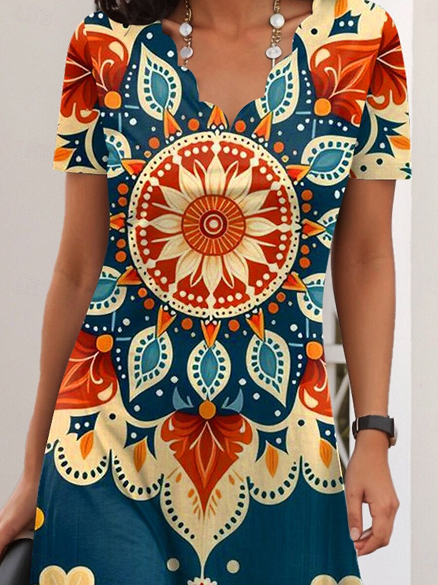 Pentru femei Rochie Mini Rochii Tricou Rochie A line Rochie de vară Casual Zilnic Fit regulat Floral Grafic Tribal Manșon scurt În V Albastru piscină Vară 2025 - $24.99 –P3