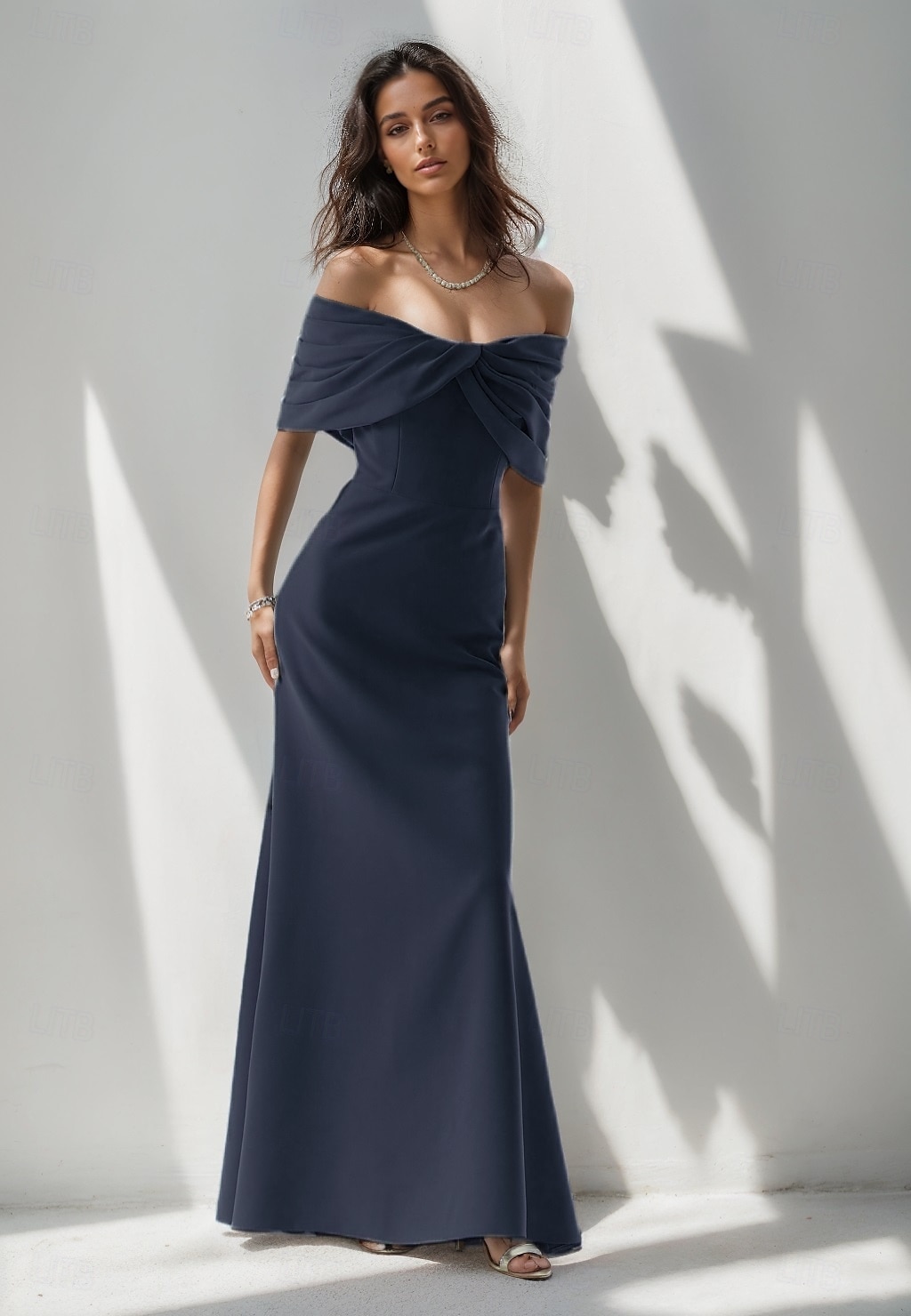 Robe de soirée sirène rose bleue élégante Robe formelle longueur de sol sans manches épaules dénudées crépon extensible avec nœud(s) ruché de 2025 ? $134.99 –P7