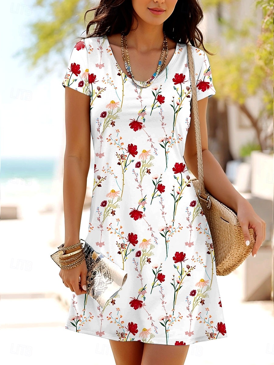 Dam Mini klänning T shirtklänning A linjeklänning Sommarklänning Ledigt Dagligen Normal Blommig Grafisk Kortärmad Rund halsringning Rubinrött Blå Purpur Sommar Vår 2026 - $24.99 –P1