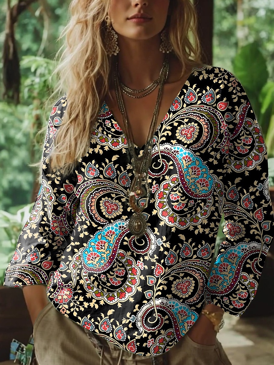 Femmes Chemisier Fleuri Graphique Paisley Bohème ancien Tropical Manche 3/4 Col en V Hauts Réguliers Imprimé Noir Marron Été Printemps de 2025 ? $24.99 –P2