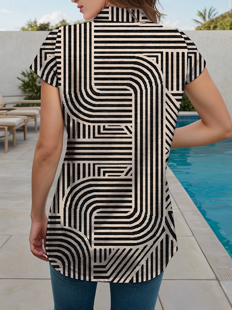 Women's Shirt Graphic Geometric Striped Vintage Tropical Daily Sleeveless Short Sleeve Cap Sleeve Shirt Collar Regular Tops Daily White Camel Summer Spring 2025 - $25.99 –P2